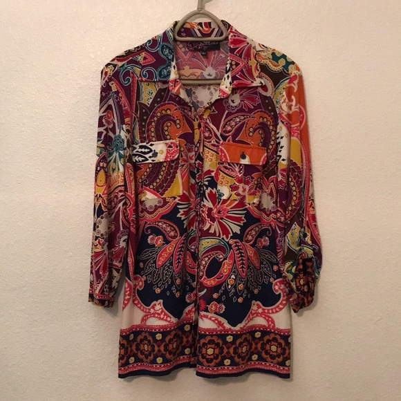 Peck & Peck Tops - Peck & Peck Tab Sleeve Blouse Paisley Floral Large